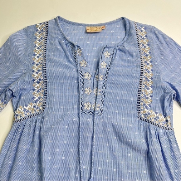 Rungolee Boho Blue Chambray Cottagecore Embroidered Bell Sleeve Tassel Dress - Picture 5 of 17